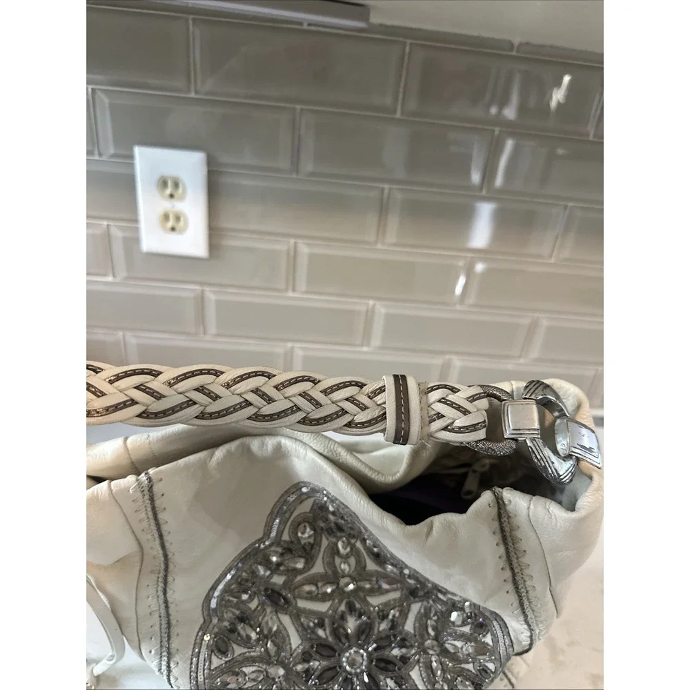 Brighton Pewter Anju Embellished Purse Jewel Masterpiece White‎ Leather Bag Hobo